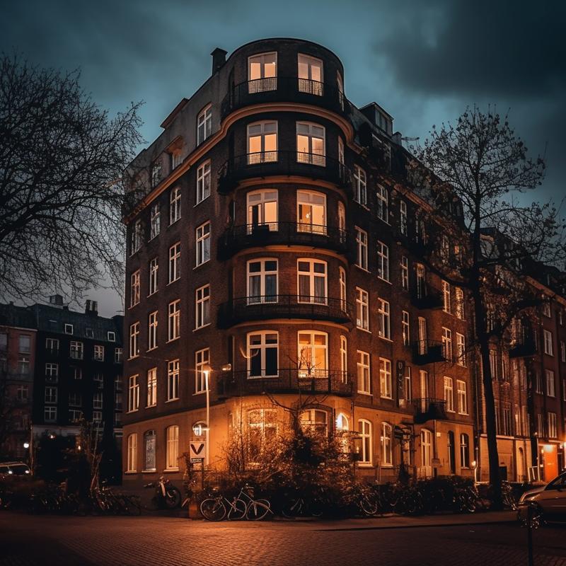 Etageejendom i København i aftenlys